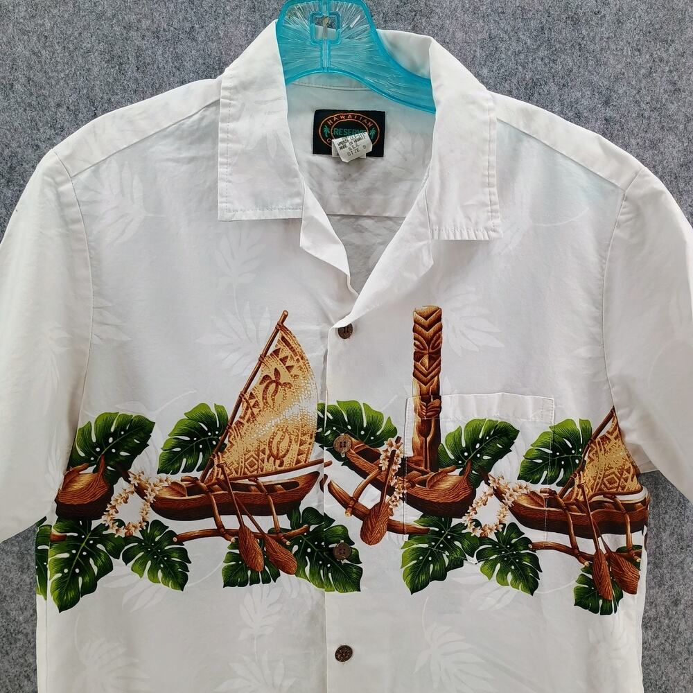 Vtg Hawaiian Reserve Collection Shirt Mens S White Tiki‎ Canoe Made in USA